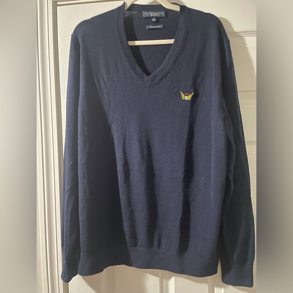 Fairway & Greene Merino Wool Navy V-Neck Sweater L Men